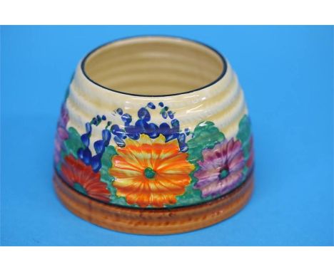 A Clarice Cliff Bizarre 'Gayday' pattern beehive shape honey pot (no cover), black printed mark.  6 cm high