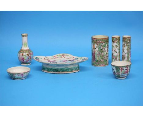 A Chinese Canton enamel shaped dish, a pair of cylindrical vases, a bottle vase etc. (7)