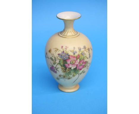 A Royal Worcester vase decorated with bouquets of flowers, green printed mark, numbered H302.  17 cm high