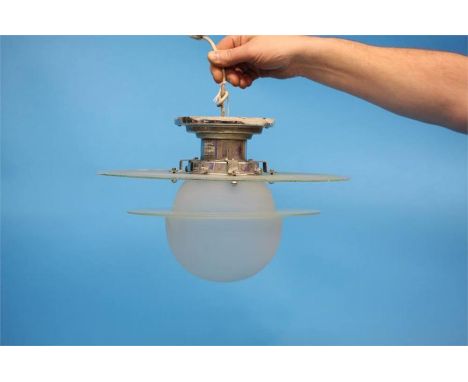A 1930's Art Deco spherical frosted glass ceiling light with chrome mounts and frosted glass graduated discs.  Approx. 38 cm 