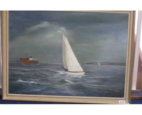 John Hamilton 1919-1993 oil on board signed 'Seascape with Gypsy Moth IV' Bears label to verso 44.5 cm x 60 cm