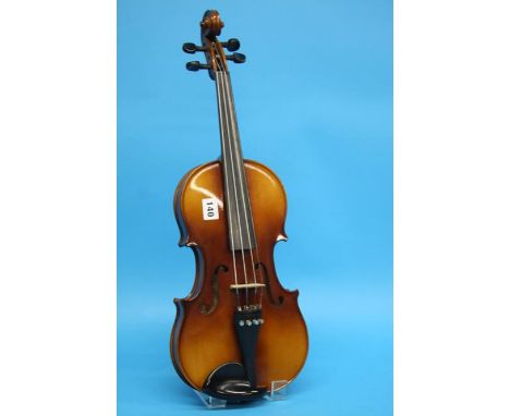 A violin by Rossetti, Stradivarius model made in the Luby factory, with bow and case.