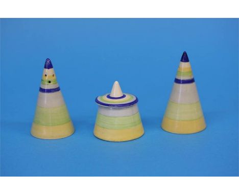 A Clarice Cliff 'Bizarre' Newport condiment set comprising; a mustard pot, conical salt and pepper each with concertina bands