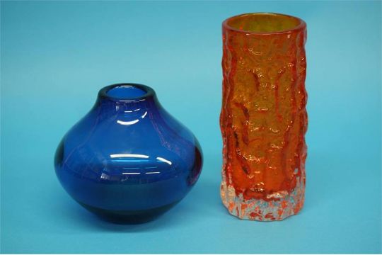 A Whitefriars Tangerine Bark Vase And A Blue Glass Ovoid Shape