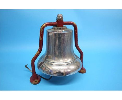 A circa 1950's chrome fire engine bell with mounting bracket (from Dennis engine).  36 cm high