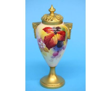 A Royal Worcester vase and cover decorated by Kitty Blake with autumnal leaves and blackberries, signed, puce mark, numbered 