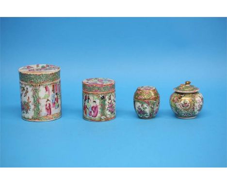 A small Chinese Canton enamel vase and cover and three Canton enamel cannisters. (4)