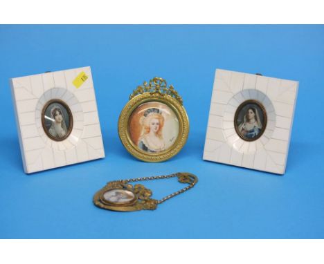 A decorative portrait miniature of a lady wearing a hat, signed Dennery, another easel framed portrait miniature of a lady we