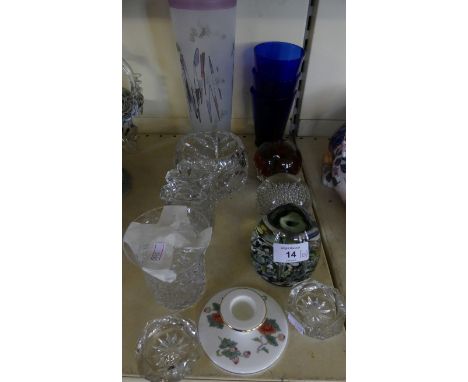 A mixed lot of glasswares comprising Caithness Harlequin paperweight, various glass vases, preserve pots and other items (qty