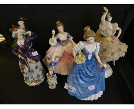 A mixed lot of figurines comprising Royal Doulton 'Helen', 'Christine', a pair of Sitzendorf hunting figures, a Continental f