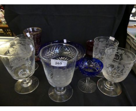 A mixed lot comprising five various etched rummer glasses, two German ruby glass goblets, a blue tinted bowl and a blue tinte