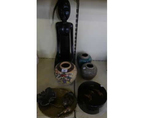 A mixed lot comprising three Chinese ginger jars and lacquered covered box, Opium pipe, hardstone brush washer, a brass model