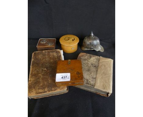 A mixed lot comprising a Mauchline ware cotton reel box, small Oriental polished copper trinket box, small cased compass mark