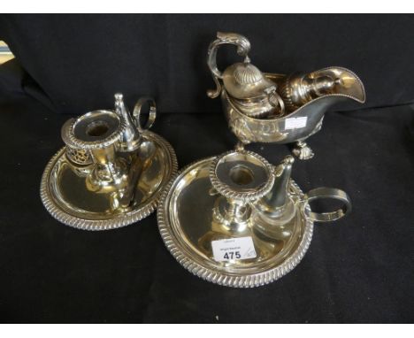 A mixed lot silver and plated wares to include various cruet items, chambersticks, decanter label marked 'Cognac' etc 