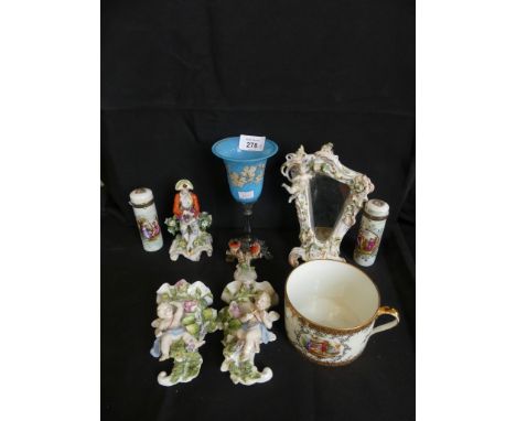 A mixed lot comprising Continental floral encrusted easel backed dressing table mirror, a pair of Continental wall pockets wi