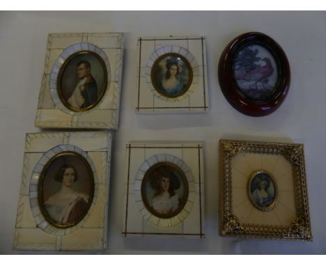 A group of six various 20th Century miniature portrait pictures to include some in piano key frames. 
