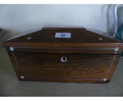 A Victorian sarcophagus formed tea caddy, decorated with mother of pearl inlays, the interior with two storage sections and c