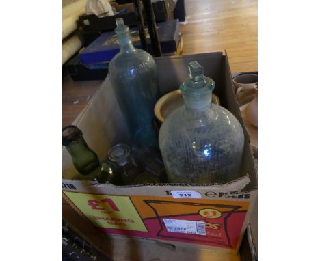 A mixed lot of Vintage apothecary bottles, large poison jars, small stoneware egg crock and other items 