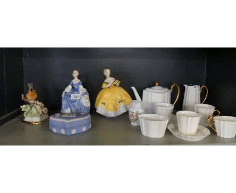 A mixed lot comprising a Wedgwood white and gilt decorated tea set, a Wedgwood Jasperware trinket box, two Doulton figures a 