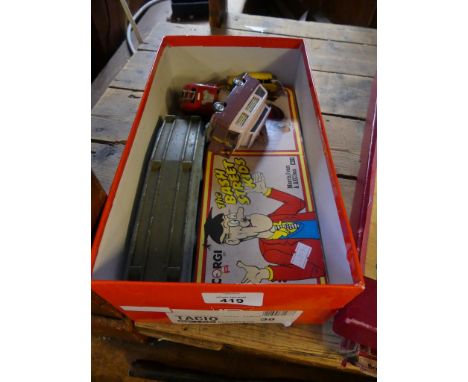 A modern boxed Corgi Limited Edition set 'The Bash Street Kids & Mini the Minx'Morris J van and AEC bus, two unboxed Dinky to