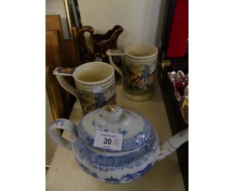 A pair of Royal Doulton tankards, pattern no. 2961, together with a 19th Century blue and white English teapot and a copper l