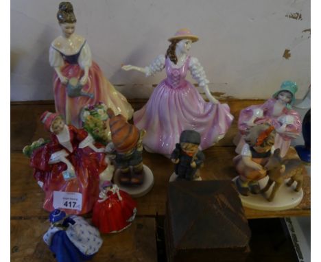 A mixed lot comprising three small Goebel figures of children, together with Royal Doulton figurines Bo-Peep, Lydia, Alexandr