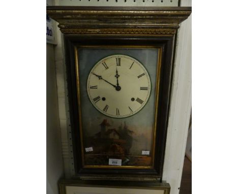 A 19th Century wall clock with painted metal face, decorated with an alpine scene 