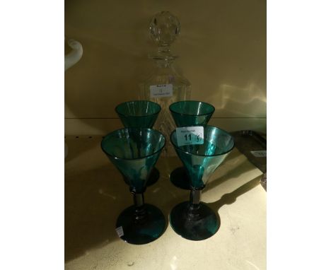 A mixed lot comprising four 19th Century turquoise small wine glasses, on cut stems, together with a 20th Century square form