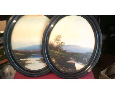 Vintage oil Paintings-Mountain views (2)-Oval Black Framed, 15" x 18" long, artist unknown