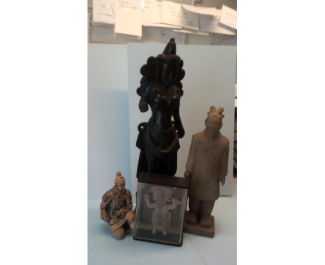 Mixed Statues including (2) Chinese terracotta Soldiers, Indian Goddess and Mayan God Figure (4) in total