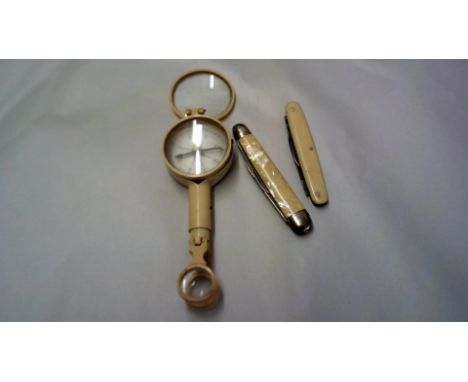 Mixed Lot- Vintage combination compass and Binoculars/Magnifying Glass, and two vintage pen knives, one bone handled