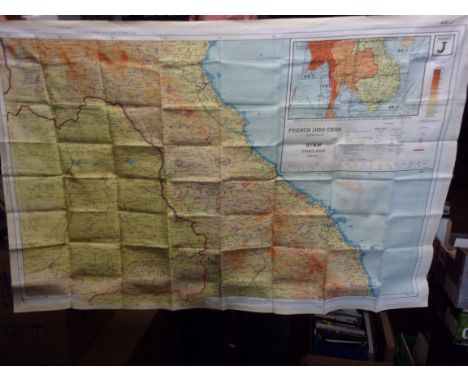 British WWII Far East RAF Double sided silk escape map, Sheet 44/J covers French&nbsp;Indo China (central) and Siam (Thailand