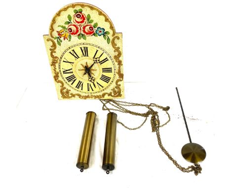 Arch dial painted clock face from long case clock with pendulum and weights 