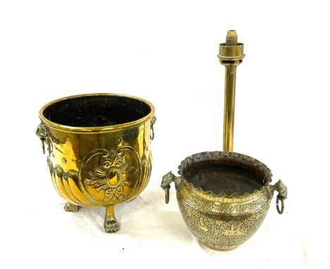Vintage brass coal bucket with lion handles, feet, Brass bucket with elephant handles, Brass lamp by Palmer and Co London 