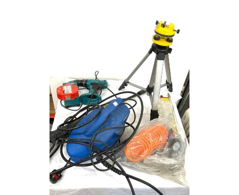 Selection of tools includes Cased laser level, makita drill, spirit level, pressure washer etc 