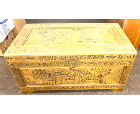Carved chinese trunk measures approx 17" tall 40" wide 21" depth 