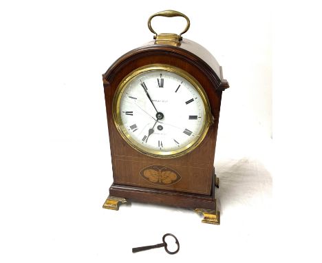 Edwardian inlaid bracket clock, with broken glass, with key, Maple and Co Paris and London 