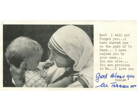 TERESA MOTHER: (1910-1997) Albanian Roman Catholic Nun, Nobel Peace Prize winner, 1979. A signed printed oblong 12mo (6 x 3) 