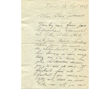 DUFY RAOUL: (1877-1953) French Fauvist painter. A.L.S., Raoul Dufy, two pages, 8vo, (written to the first and third sides of 