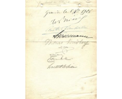 LOCARNO TREATIES: A small 4to sheet of plain stationery individually signed by eight individuals associated with the Locarno 