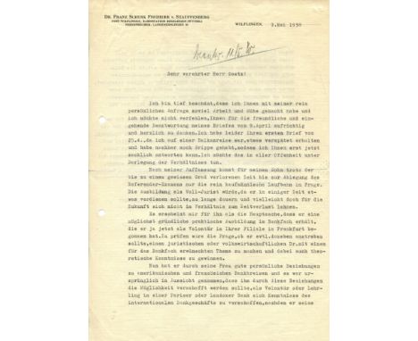 [20 JULY PLOT]: STAUFFENBERG FRANZ SCHENK VON (1878-1950) German entrepreneur, uncle of Claus von Stauffenberg (1907-1944) Ge