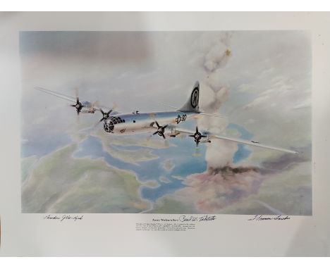 ENOLA GAY: A multiple signed colour 24 x 18 print by three crew members of the Enola Gay, the Boeing B-29 Superfortress bombe