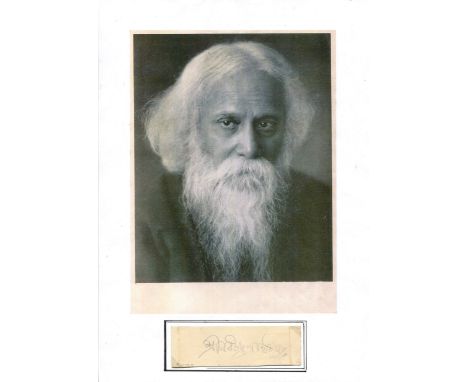 TAGORE RABINDRANATH: (1861-1941) Indian Poet, Nobel Prize winner for Literature, 1913. Signed oblong 1.5 x 4 card piece (3 cm