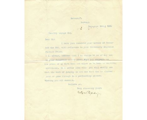 KIPLING RUDYARD: (1865-1936) English novelist, Nobel Prize winner for Literature, 1907. T.L.S., Rudyard Kipling, one page, 4t