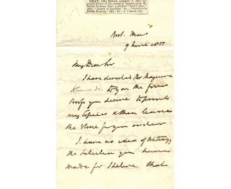 GRAY JOHN EDWARD: (1800-1875) British zoologist and philatelist. A.L.S., J. E. Gray, three pages, 8vo, Brit[ish] Mus[eum], (L