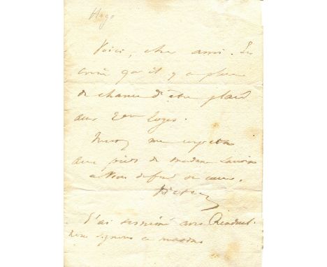 HUGO VICTOR: (1802-1885) French novelist, poet and dramatist. A.L.S., Victor, one page, 12mo, n.p., n.d., to Lacroix, in Fren