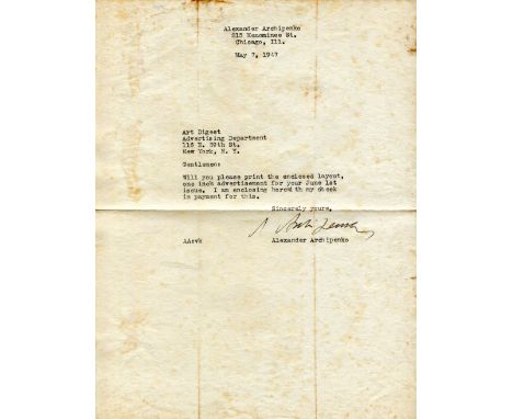 ARCHIPENKO ALEXANDER: (1887-1964) Ukranian avant-garde Artist and Sculptor. T.L.S., `A. Archipenko´, one page, 4to, Chicago, 