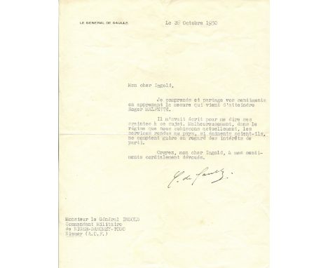 DE GAULLE CHARLES: (1890-1970) French General of World War II. Later President of the French Republic 1959-69. T.L.S., `C. de