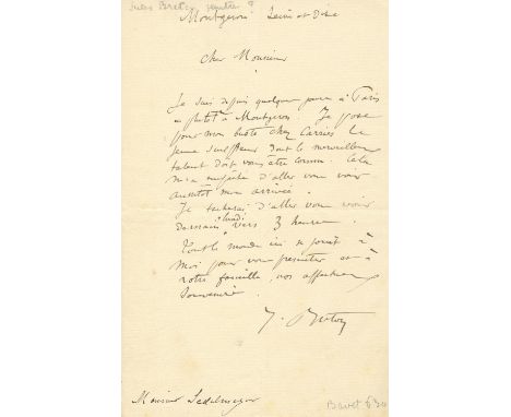 BRETON JULES: (1827-1906) French Painter, a Naturalist. A.L.S., `J. Breton´, one page, 8vo, Montgeron, [May 1884], to Monsieu