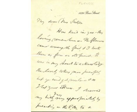 FURNESS WILLIAM HENRY: (1802-1896) American Clergyman, Theologian & Abolitionist. A.L.S., W H Furness, two pages, 8vo, Pine S